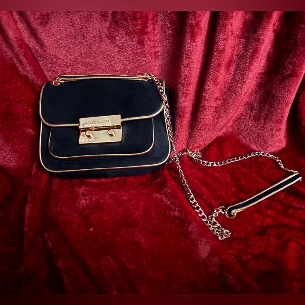 Michael Kors Suede Crossbody Black Bag with Gold Chain “Sloan” - Picture 7 of 15